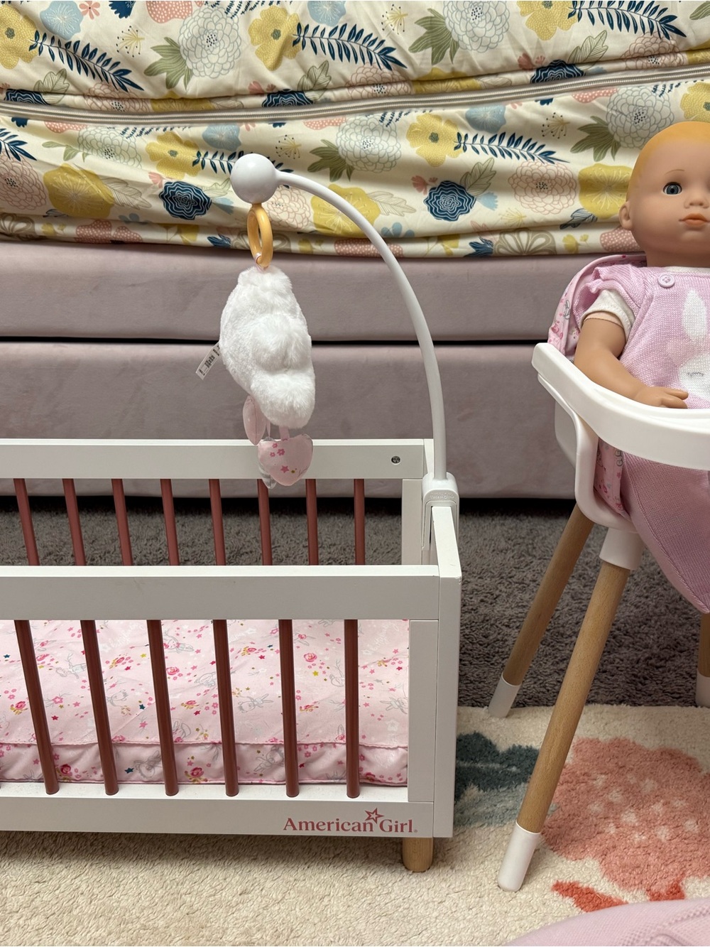 American Girl Bitty Baby 18 inch with crib and high chair